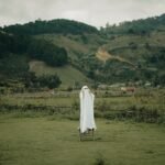 Person dressed as a ghost standing on a stool in a grassy field with mountains in the background, evoking a banshee