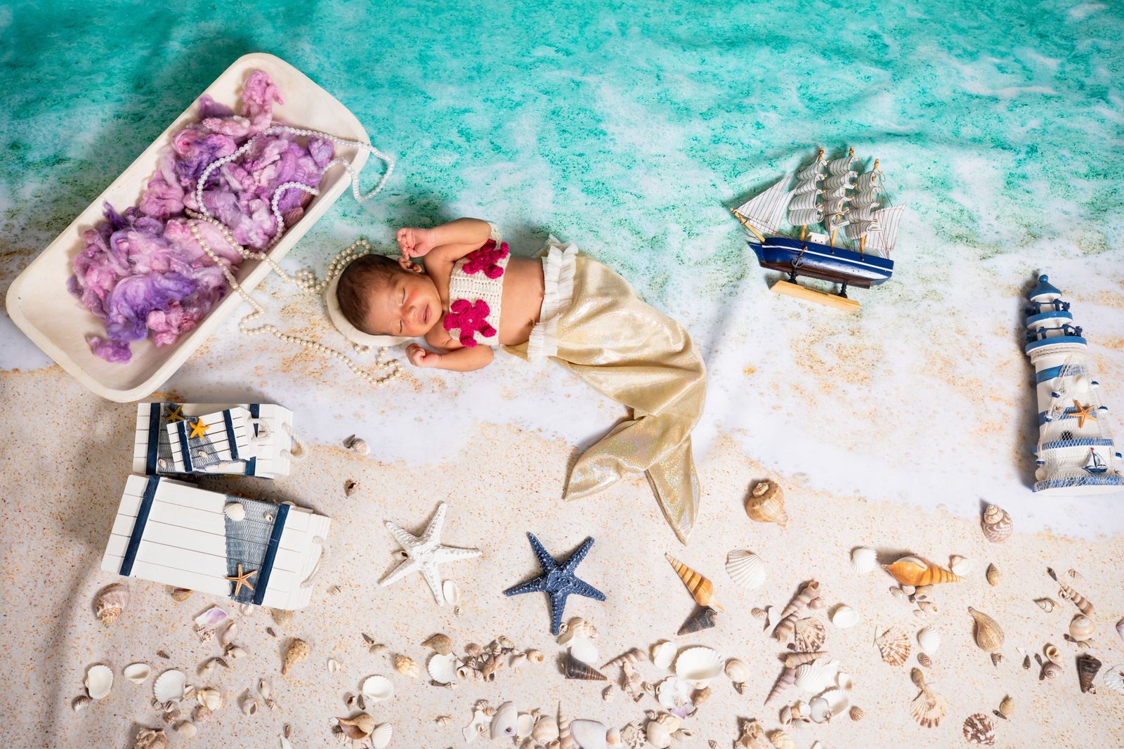 Newborn baby dressed as a mermaid lying on a beach-themed setup with seashells and nautical decorations