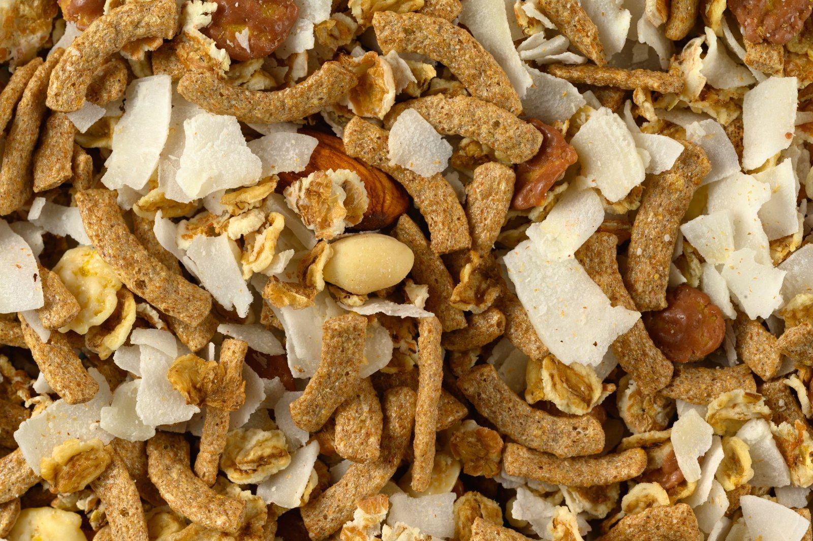 Mixed nut and coconut granola blend in a close-up view