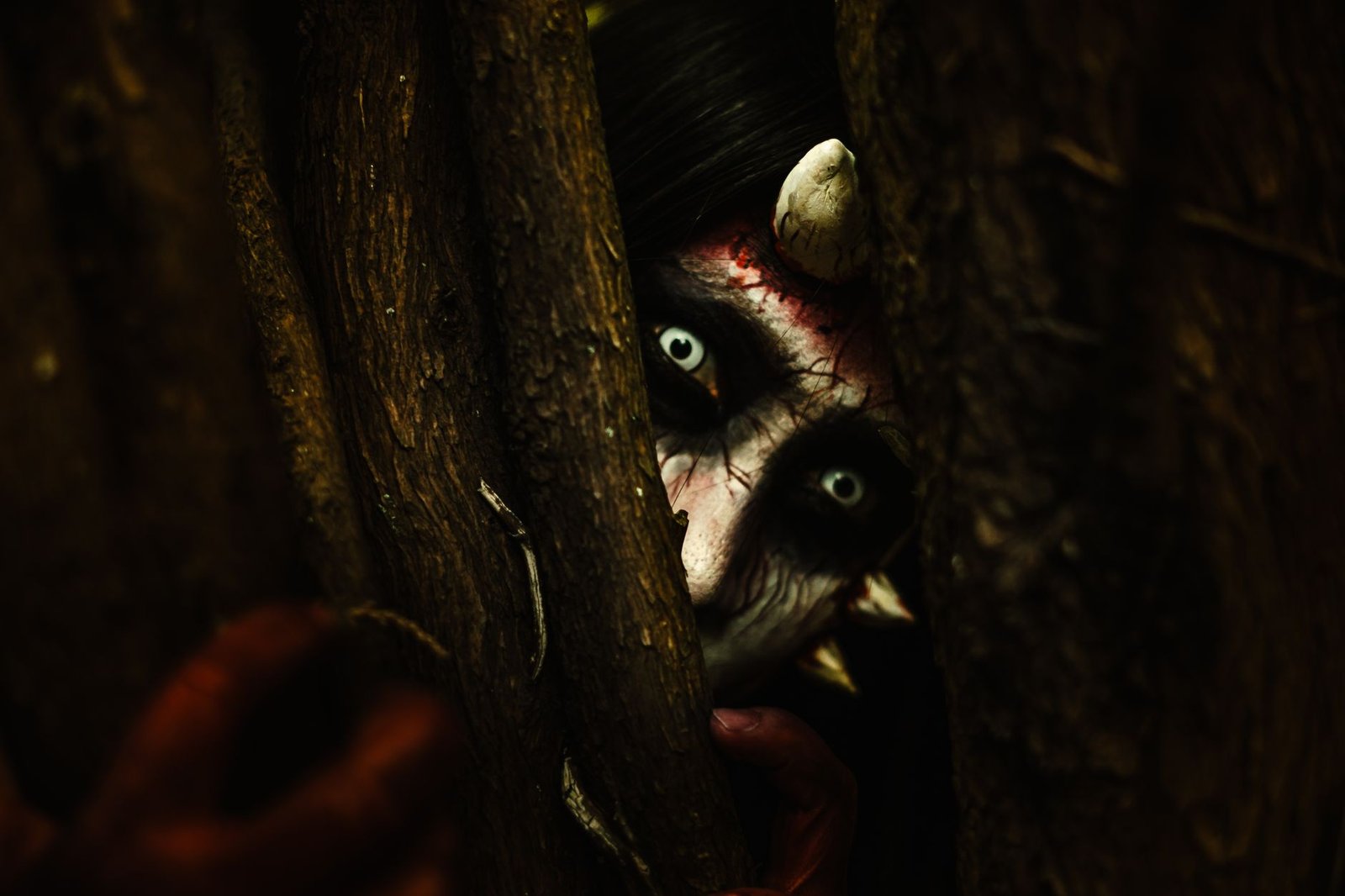 Creepy clown with glowing eyes peeking through dark wooden planks, evoking a futakuchi onna spirit lurking nearby