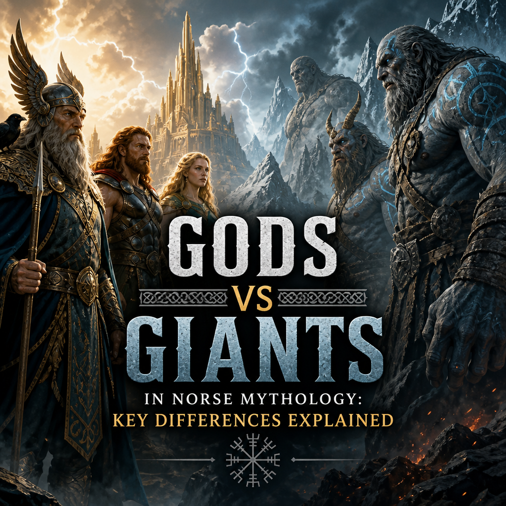 Norse gods and giants face off, showing key differences in mythic roles and cosmic order