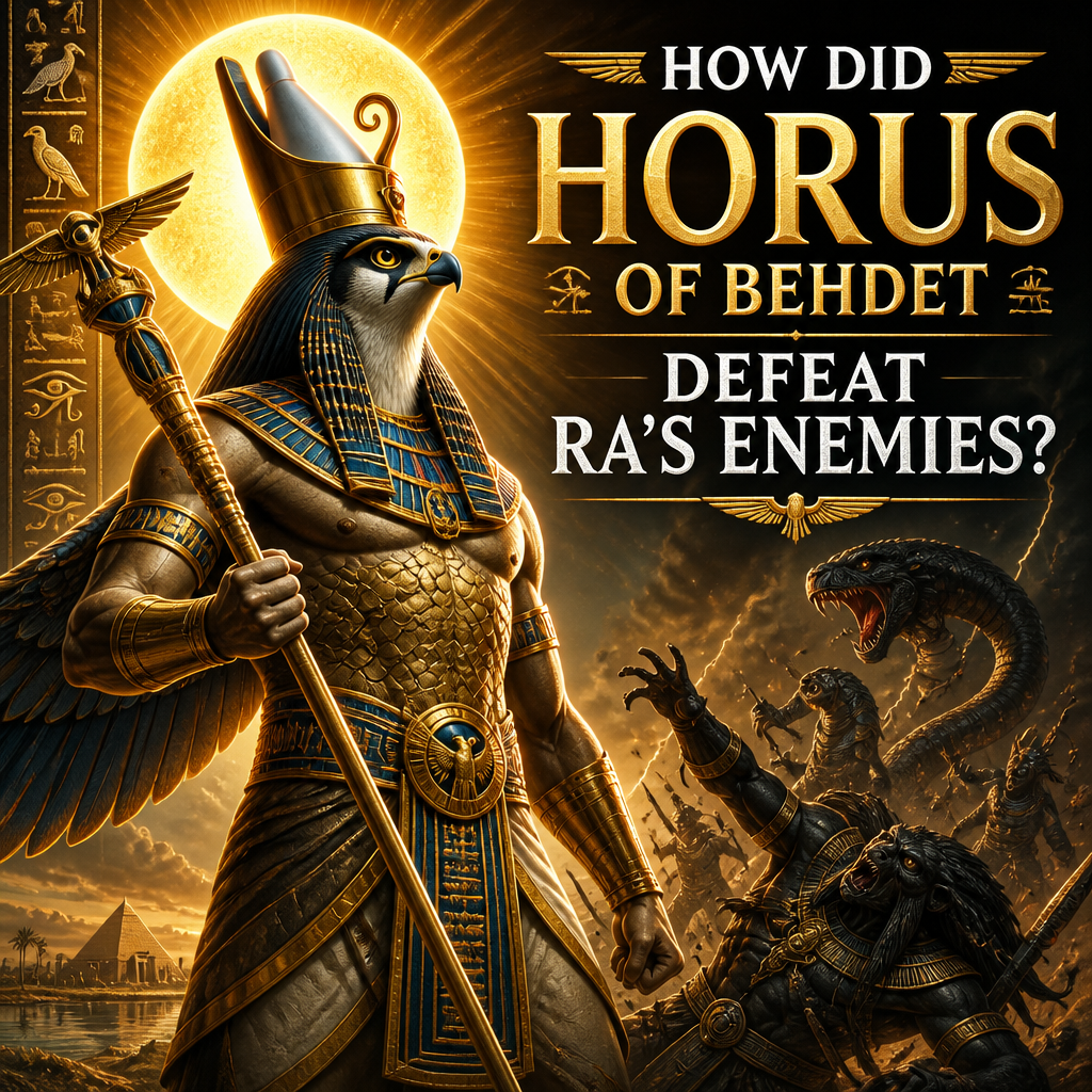 Horus of Behdet as a winged solar disk defeating Ra’s enemies in ancient Egyptian myth