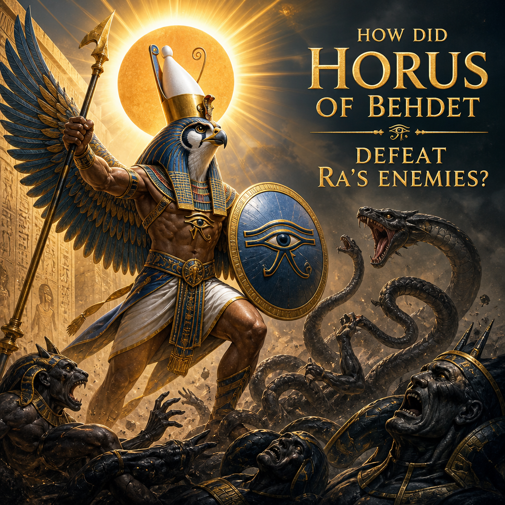 Horus of Behdet as a winged solar disk defeating Ra’s enemies in an ancient Egyptian mythic battle