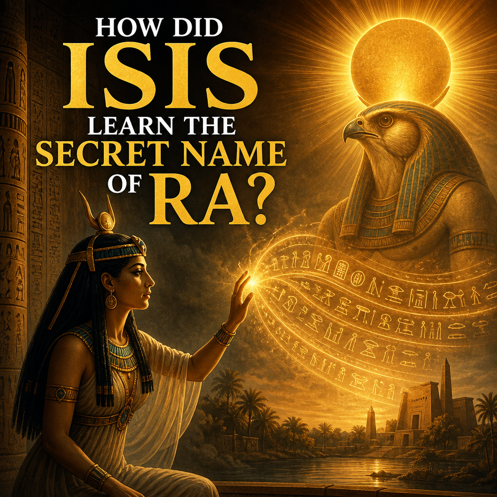 Isis uses magic to uncover the secret name of Ra in an ancient Egyptian myth scene