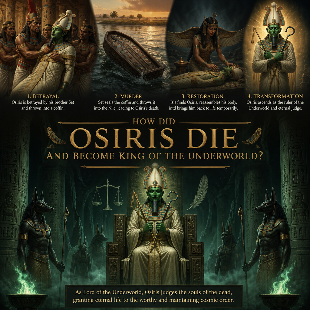 Osiris in the underworld, illustrating how he died and became king in Egyptian mythology