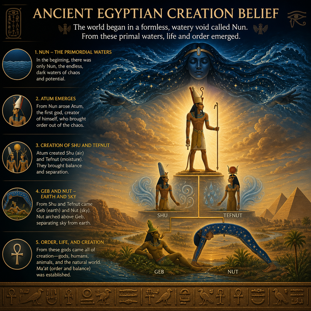 Infographic of Egyptian creation stories with Atum, Shu, Tefnut, Geb, Nut, and primordial waters