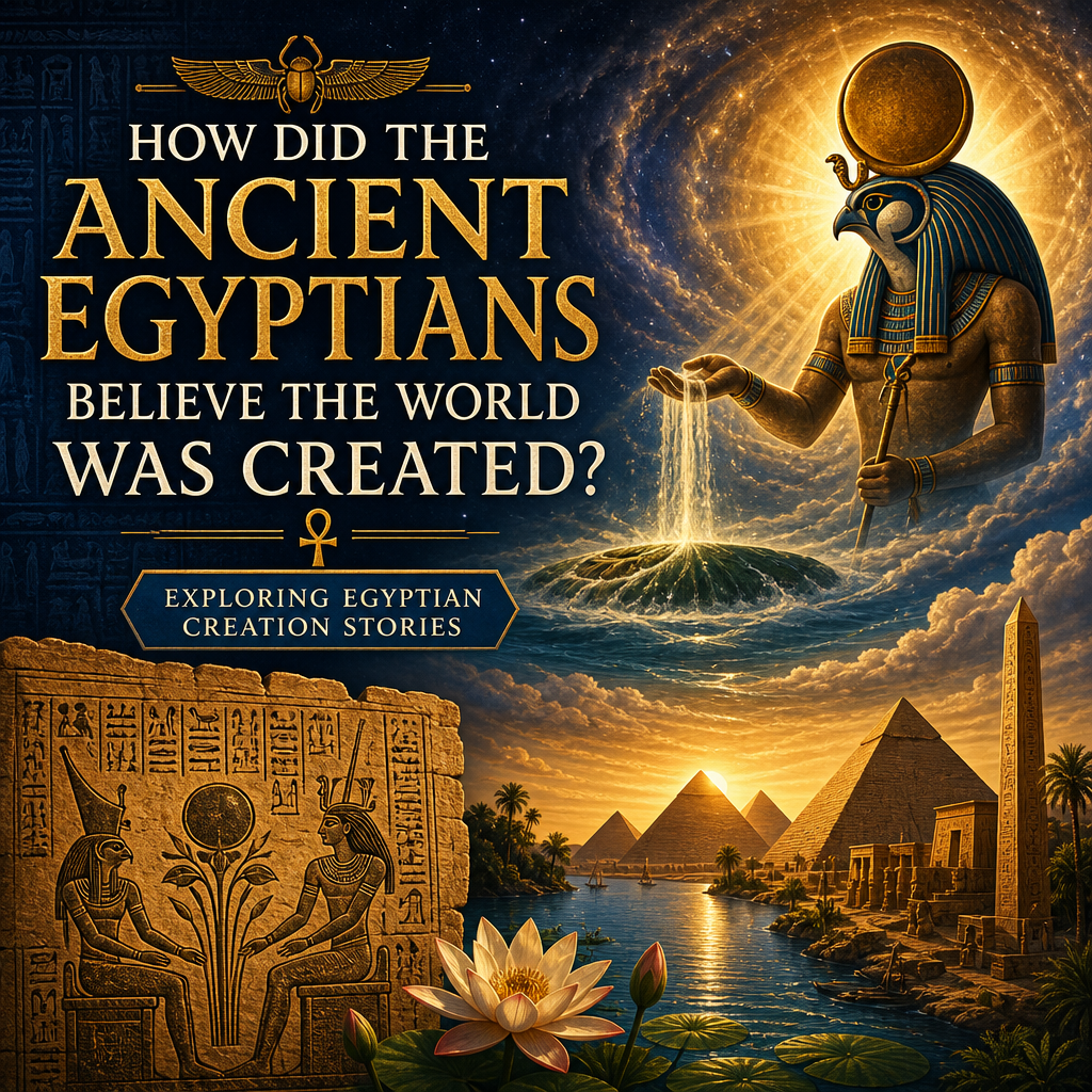 Ancient Egyptian creation stories with gods, pyramids, hieroglyphs, and the world emerging from dark waters