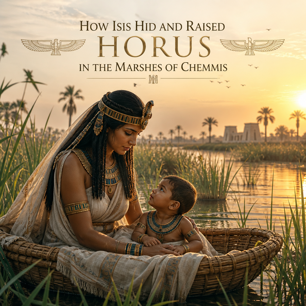 Isis hides baby Horus among the marshes of Chemmis at sunset in an ancient Egyptian scene