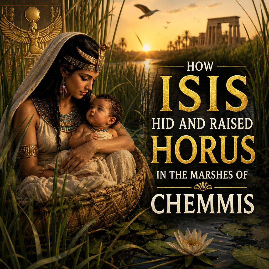 Isis hides and raises baby Horus among the marshes of Chemmis at sunset