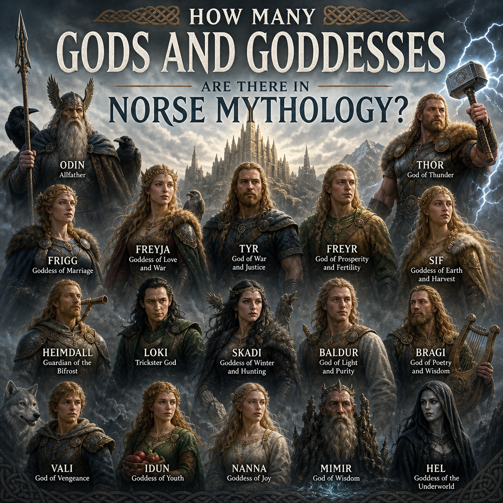 Illustration of Norse mythology gods and goddesses with names and domains, including Odin, Thor, and Freyja