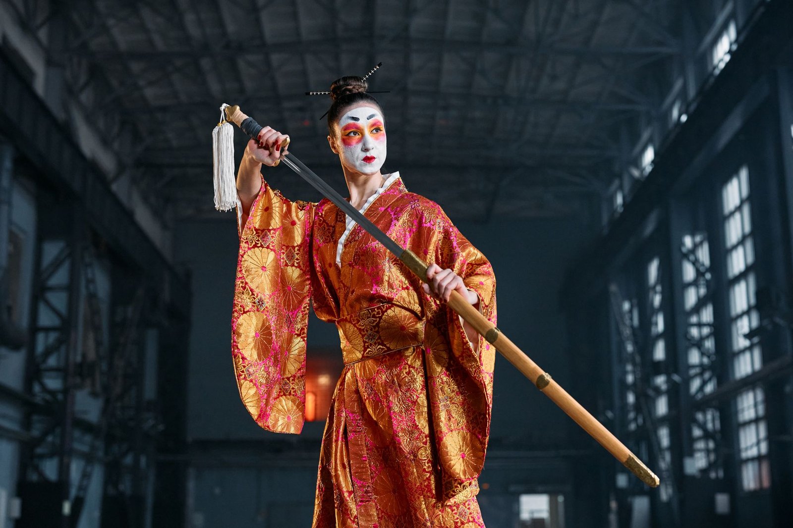Person in traditional Japanese attire and makeup wielding a katana in an industrial setting, evoking Izanami