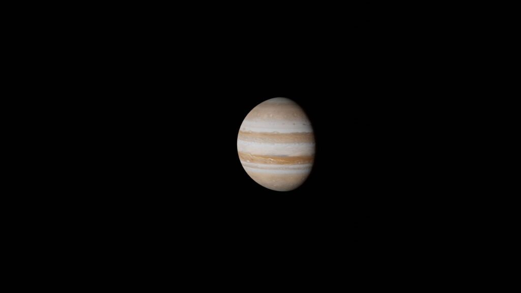 Planet Jupiter against a black space background, the gas giant of Roman mythology’s Jupiter and Greek Zeus comparison