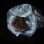 Beetroot wrapped in a transparent plastic bag on a black background