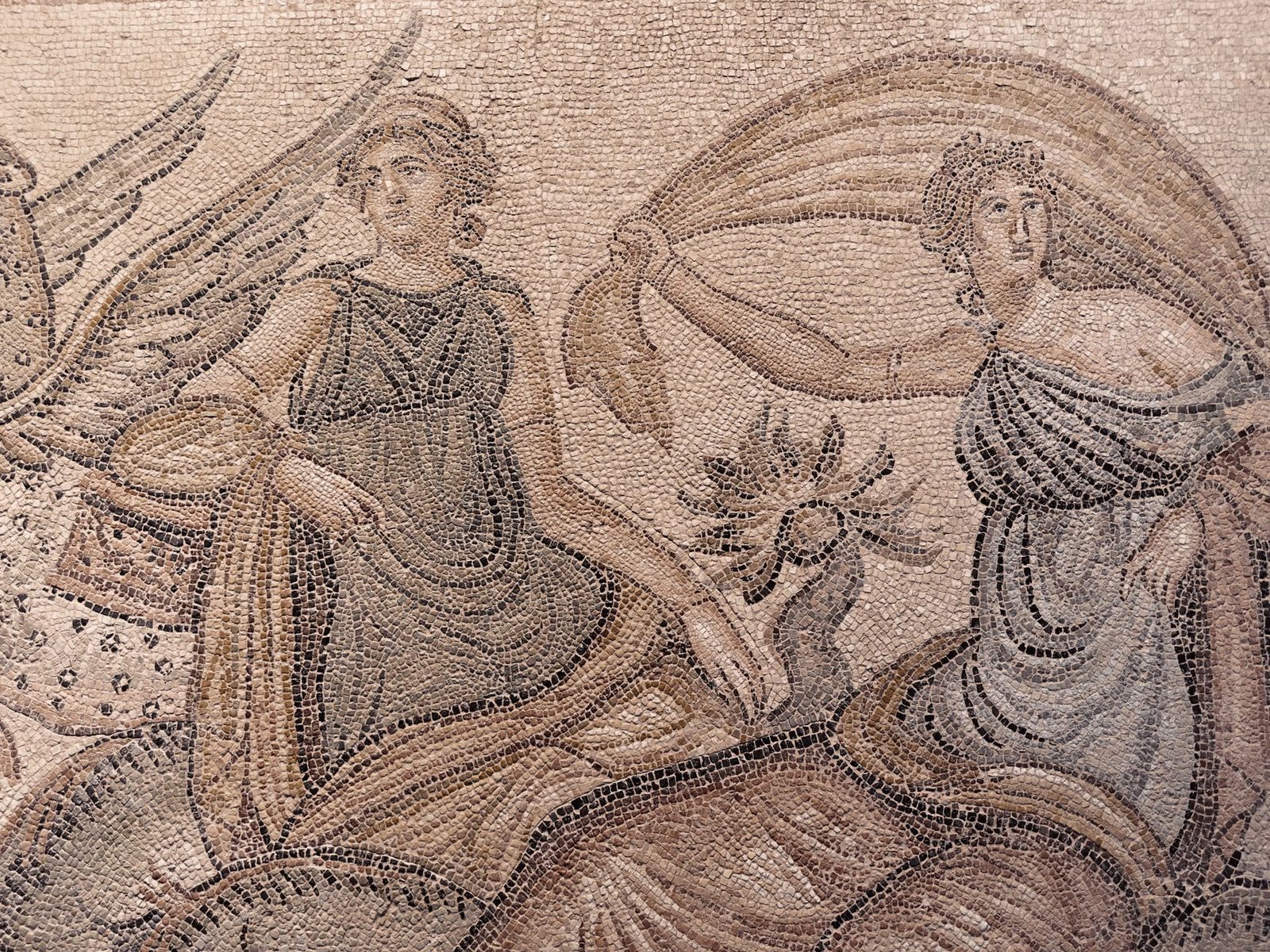 Ancient Roman mosaic of Numa Pompilius and the nymph Egeria beside a winged creature