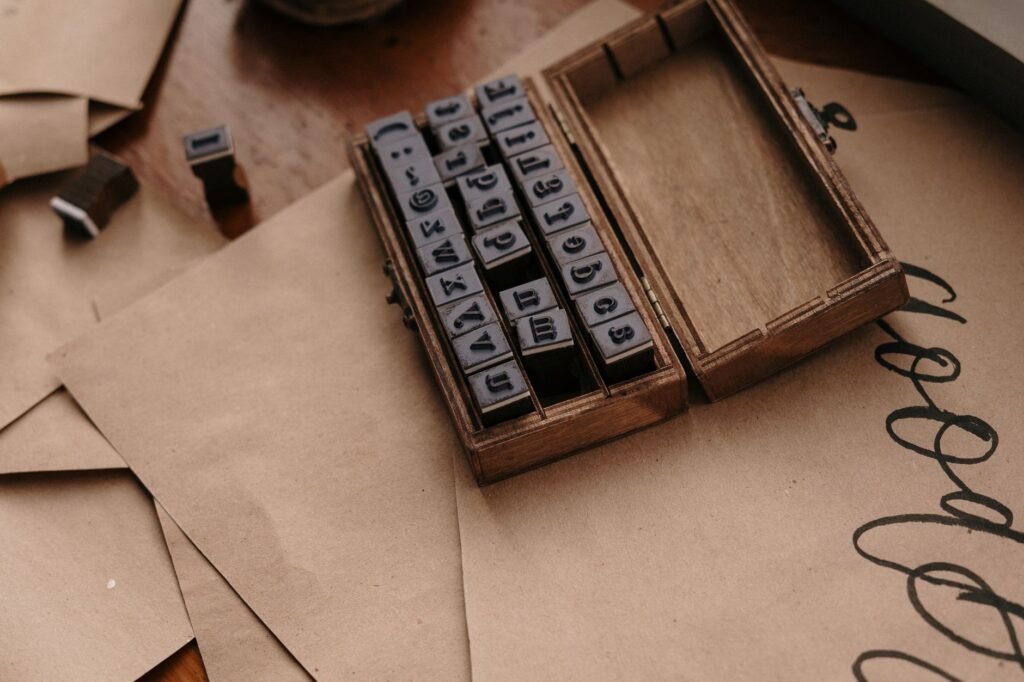 Wooden box of rubber alphabet stamps on brown craft paper, representing the Ogham alphabet history and symbols