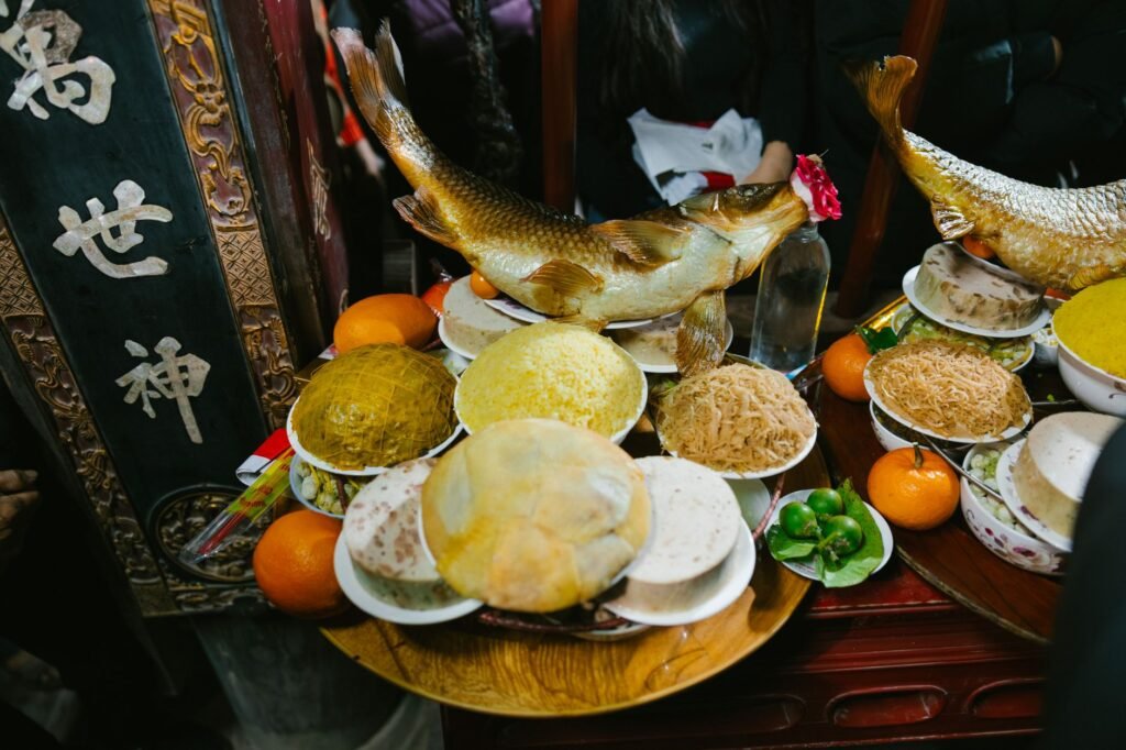 Ceremonial offering bowl with fish, rice, and fruits arranged for an ancient ritual