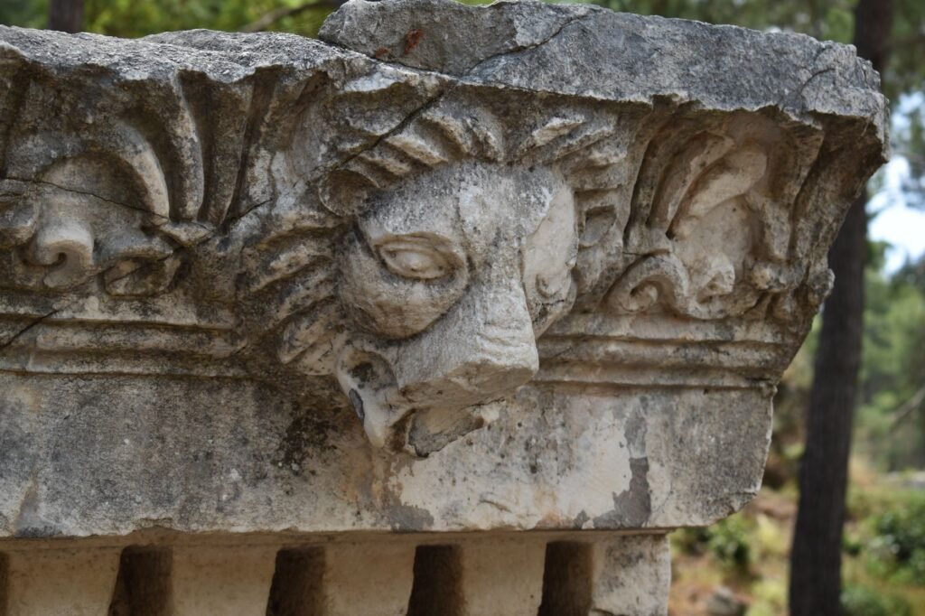 Ancient stone carving of a lion’s head on a historic architectural column.