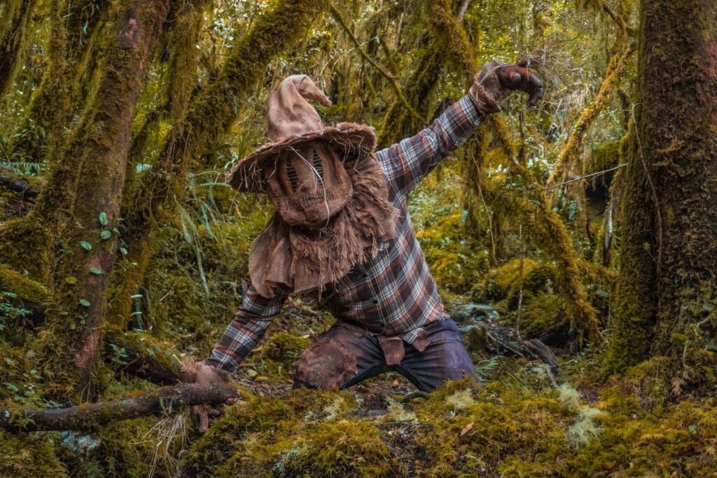 Scarecrow figure standing in a mossy forest, evoking sluagh folklore and eerie mythological imagery