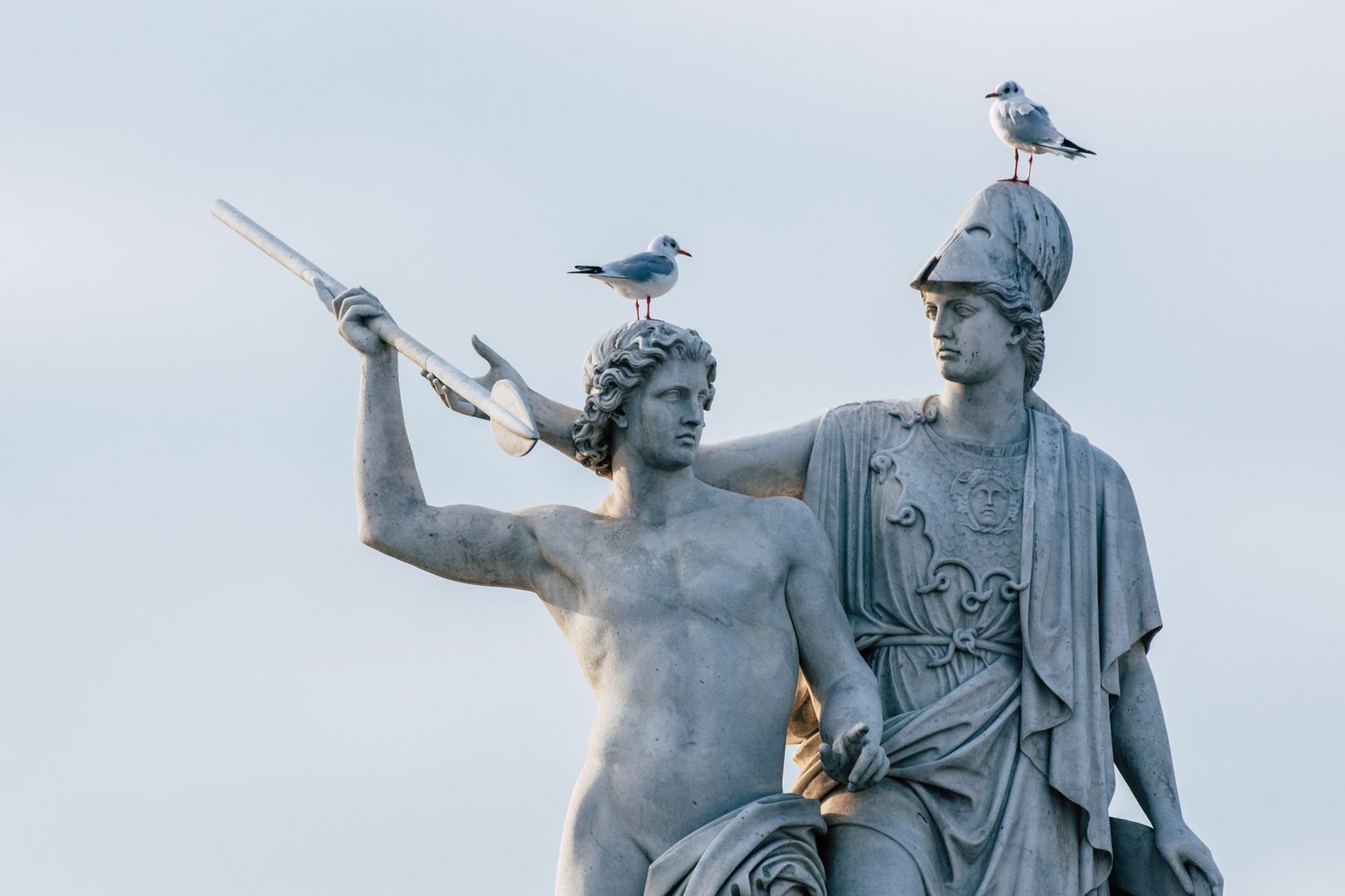 Classical marble statue with seagulls perched on top against a clear sky, evoking Stymphalian Birds mythology