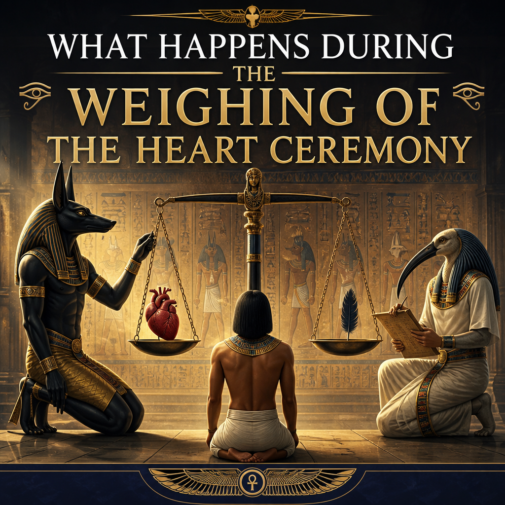 Anubis and Thoth oversee the weighing of the heart against a feather in an ancient Egyptian ceremony