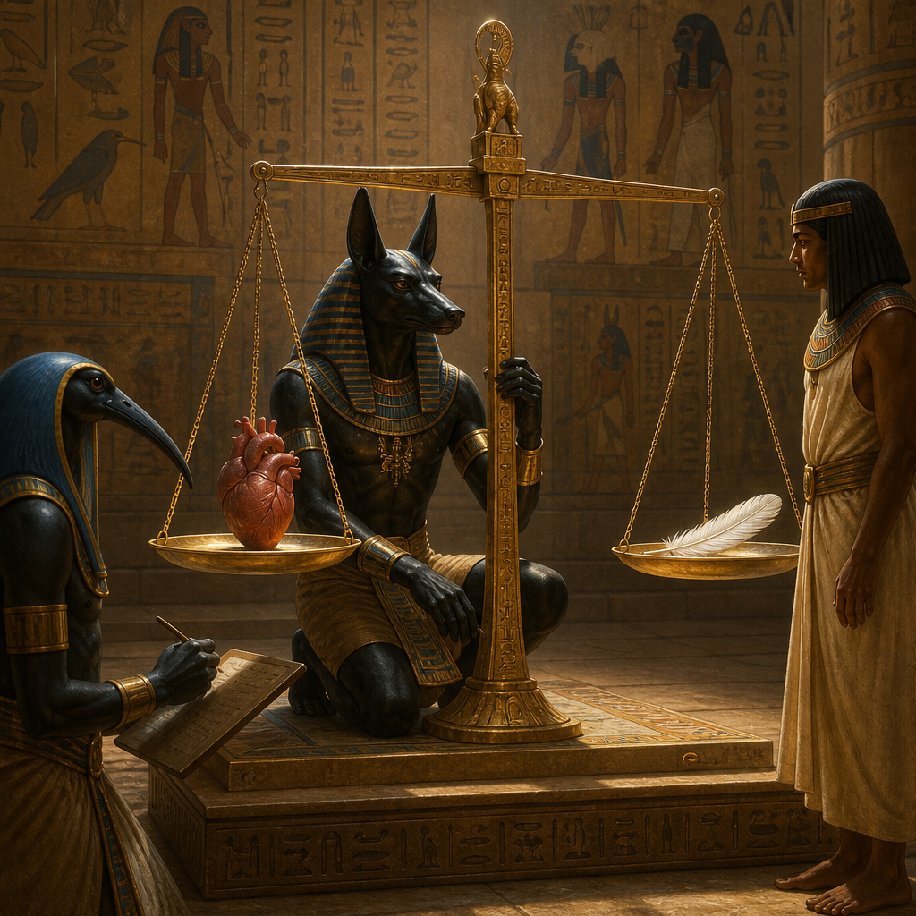 Anubis and Thoth oversee the weighing of the heart in an ancient Egyptian temple