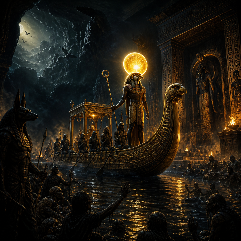 Ra’s journey through the underworld on a ceremonial boat, surrounded by worshippers in a dark Egyptian temple