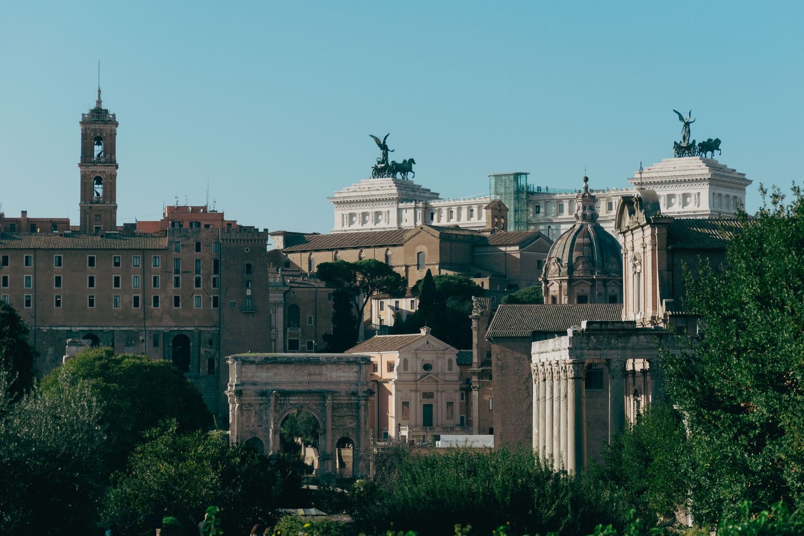 Panoramic view of ancient Roman buildings and monuments in Rome, Italy