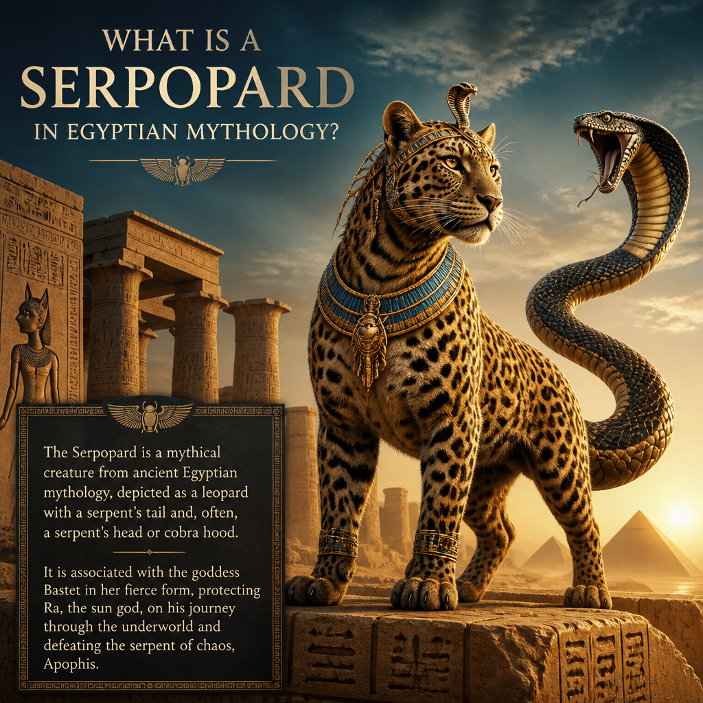 Ancient Egyptian serpopard with a leopard body and serpent head, symbolizing mythic power and chaos