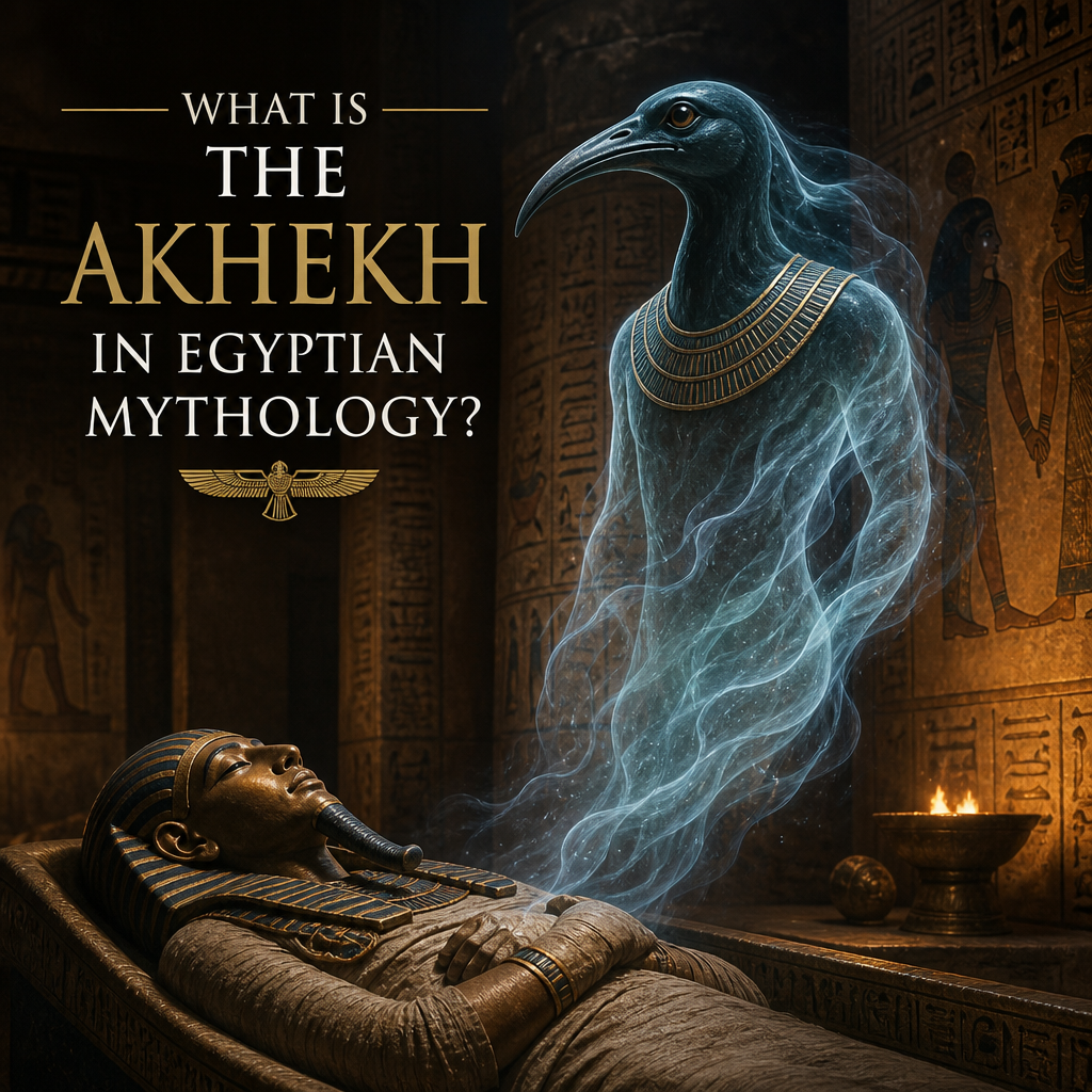 Akhekh in Egyptian mythology, a bird-headed spirit emerging from an Egyptian sarcophagus
