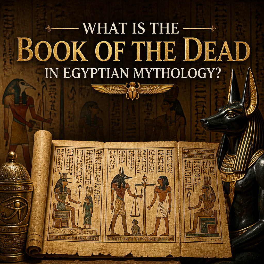 Ancient Egyptian Book of the Dead papyrus with mythological illustrations and burial artifacts
