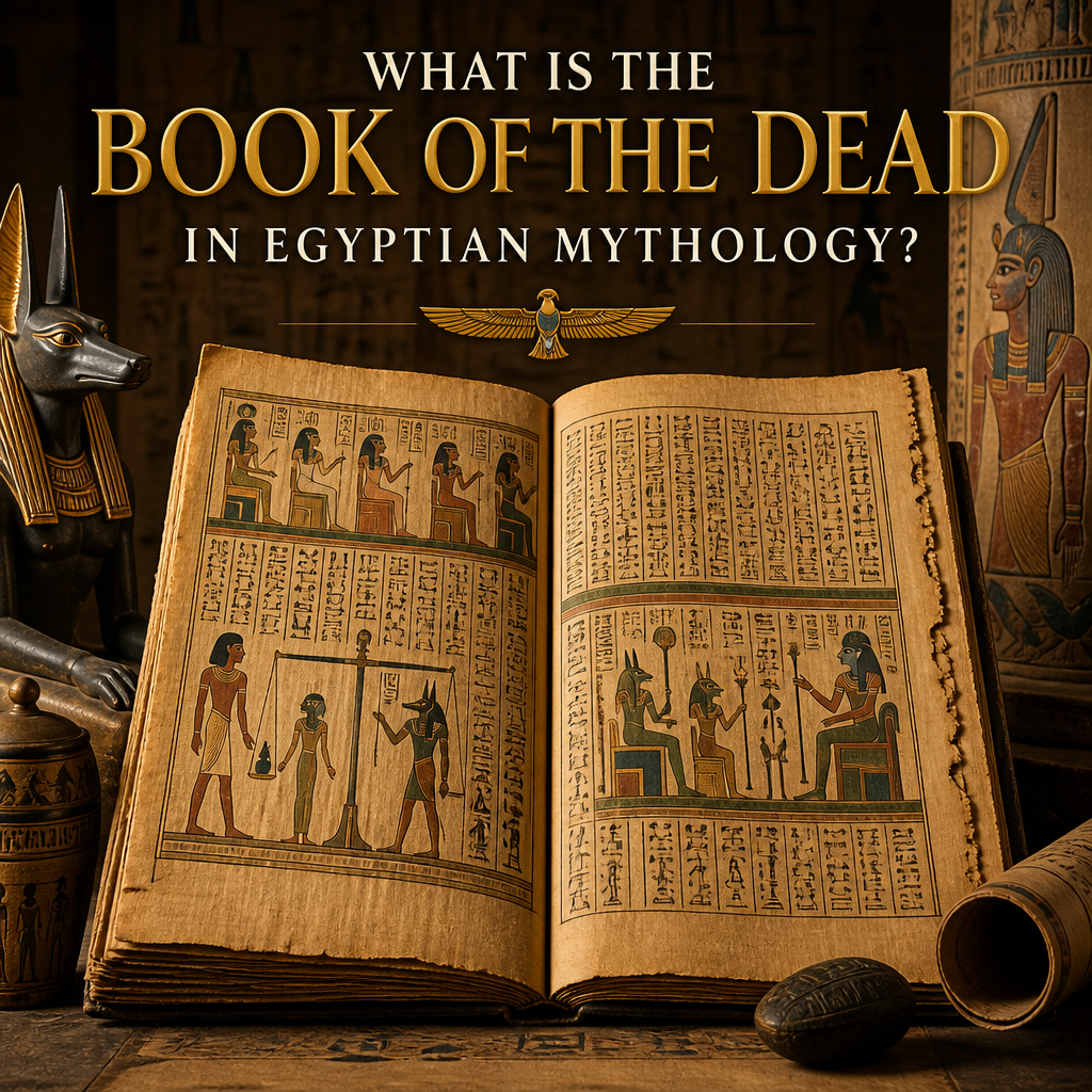 Ancient Egyptian Book of the Dead manuscript with hieroglyphics and mythological illustrations