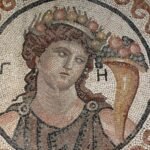Ancient Roman mosaic of a crowned figure holding a cornucopia in Greek mythology
