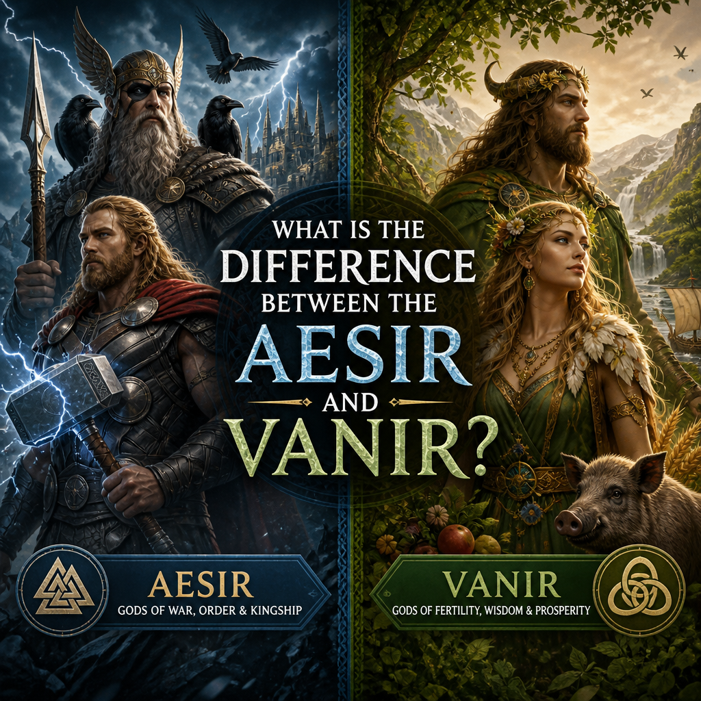 Comparison of Aesir and Vanir gods in Norse mythology, showing warlike Asgard rulers and nature deities