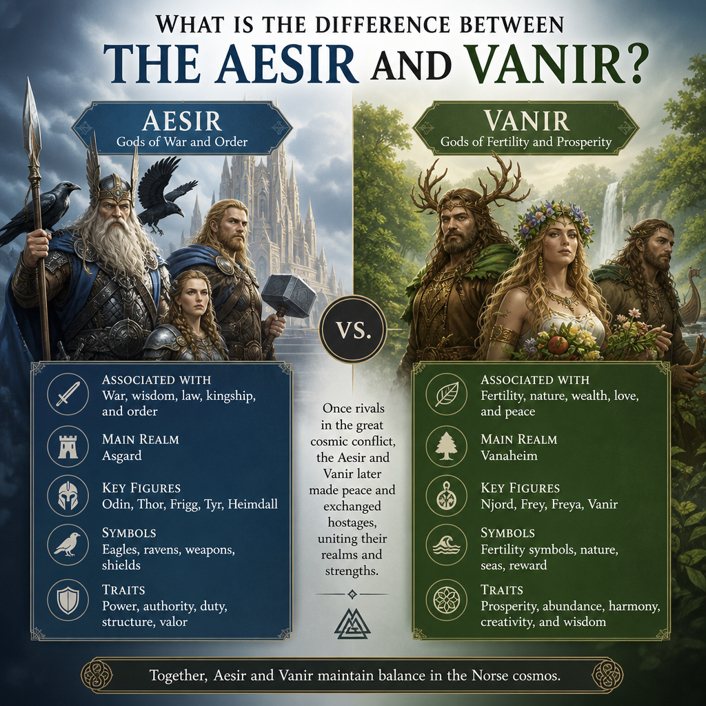 Comparison infographic of Aesir and Vanir gods in Norse mythology, showing key differences