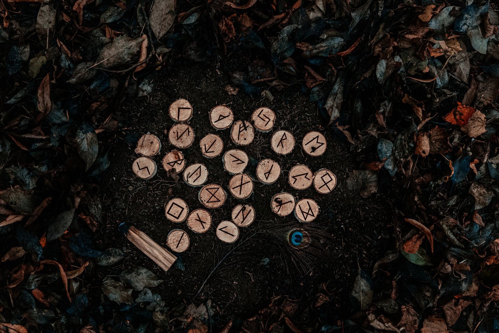 Wooden Elder Futhark rune stones arranged on dark soil among dried leaves