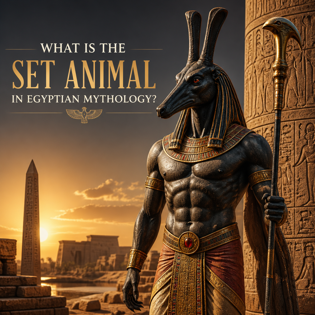 Ancient Egyptian god Set with the mysterious Set animal head in a temple setting