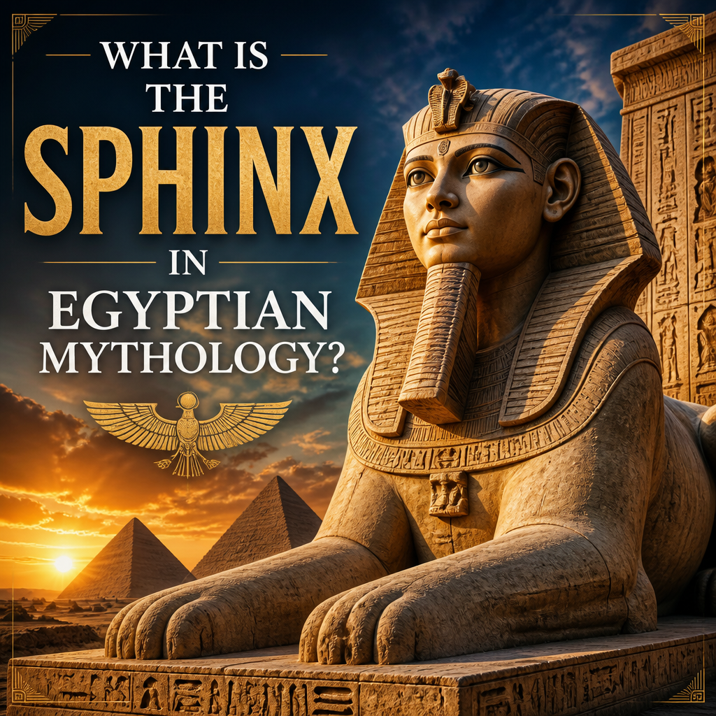 Sphinx in Egyptian mythology before pyramids at sunset, symbolizing a wise guardian of sacred spaces