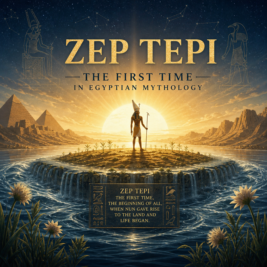 Zep Tepi, the first time in Egyptian mythology, with pyramids and a divine figure at sunrise