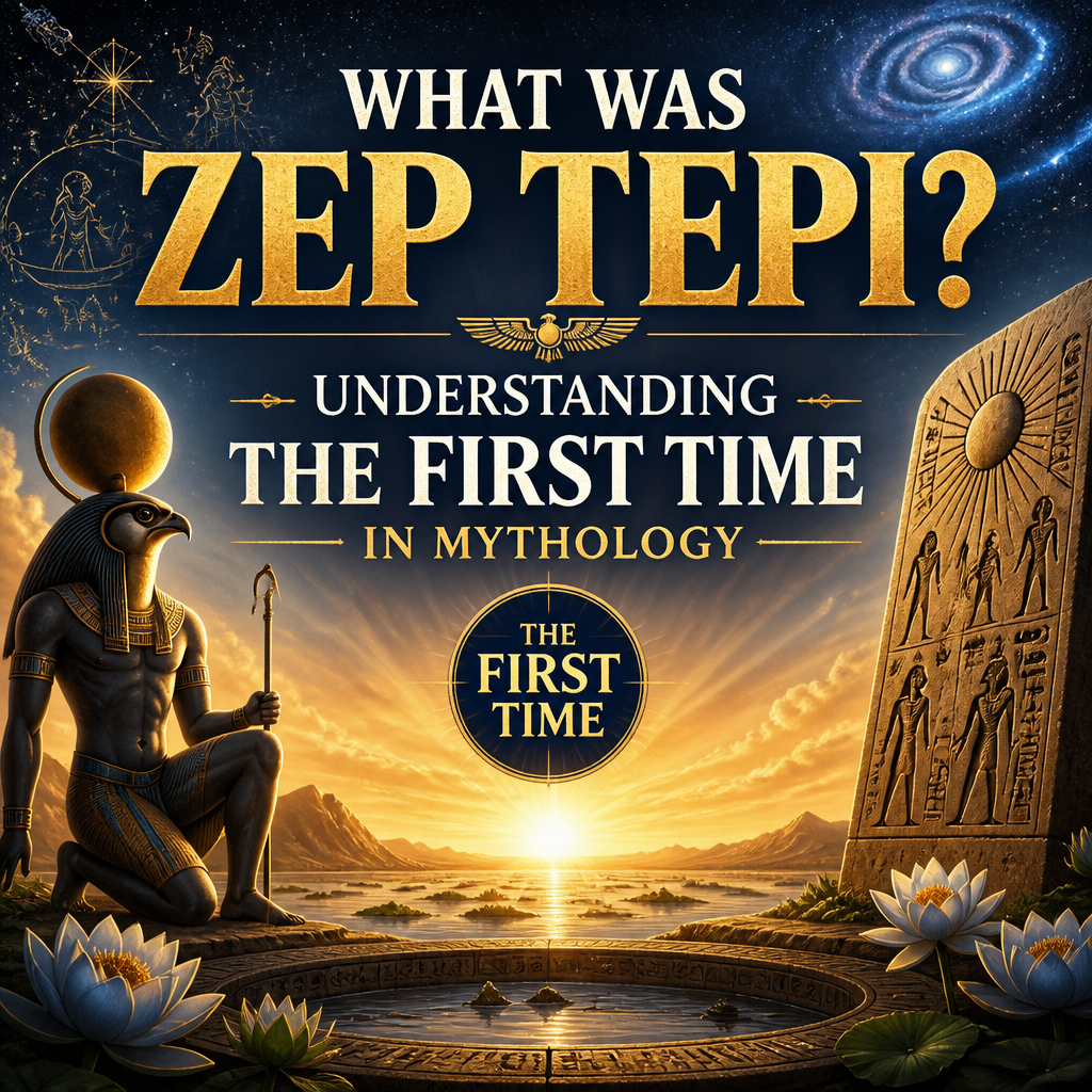 Ancient Egyptian temple and sunlit creation waters symbolizing Zep Tepi, the first time in mythology