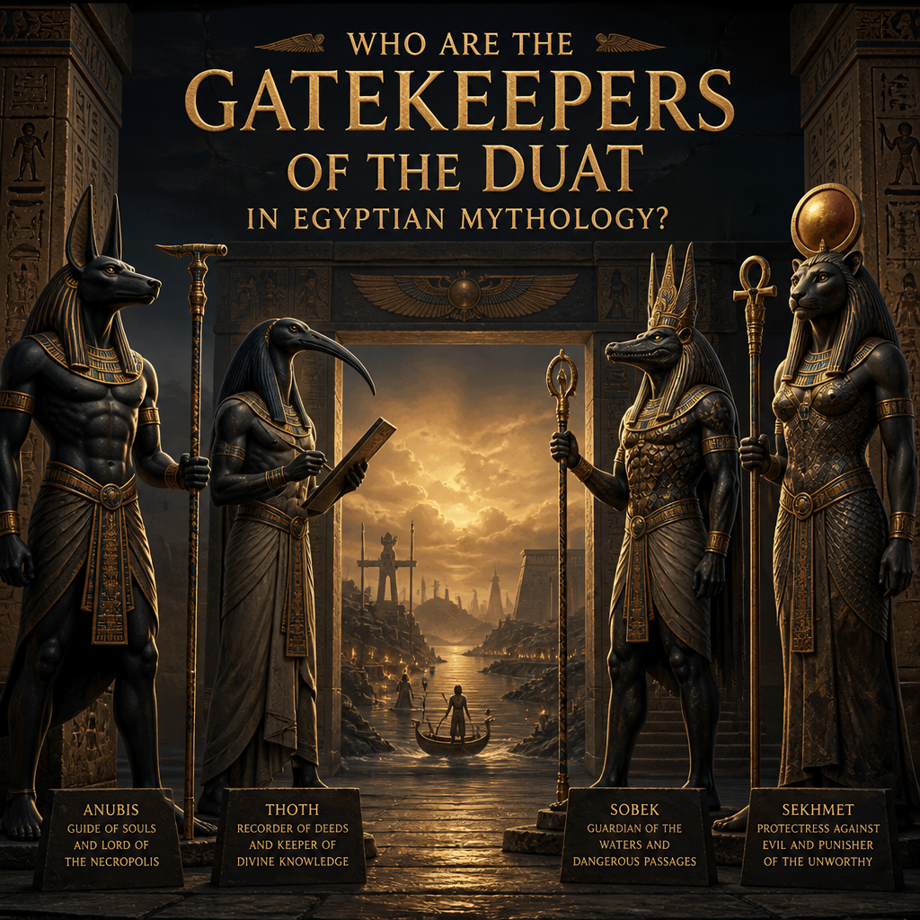 Anubis, Thoth, Sobek, and Sekhmet as gatekeepers of the Duat in Egyptian mythology