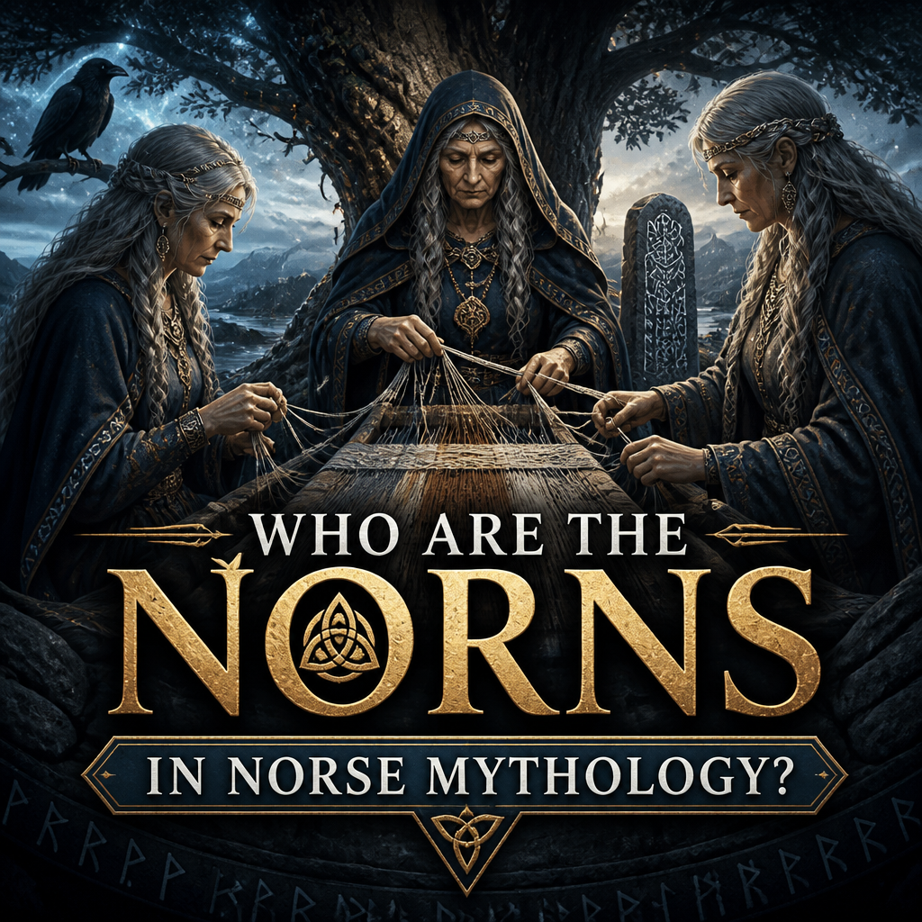 The Norns in Norse mythology weaving fate beneath Yggdrasil with title text overlay