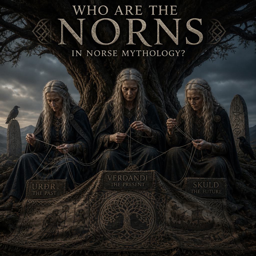 Three Norns in Norse mythology weaving fate beneath Yggdrasil, symbolizing past, present, and future
