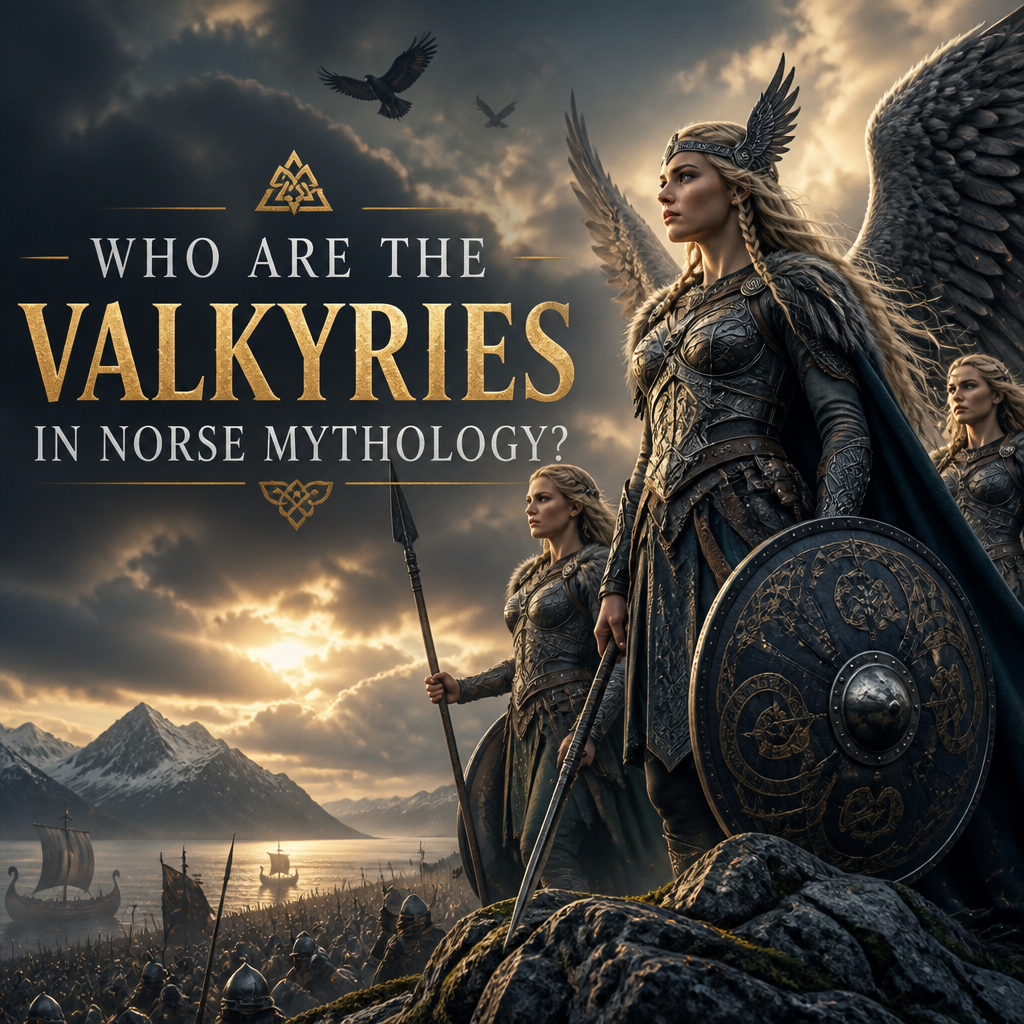 Valkyries in Norse mythology as warrior women beneath a dramatic sky guiding fallen heroes