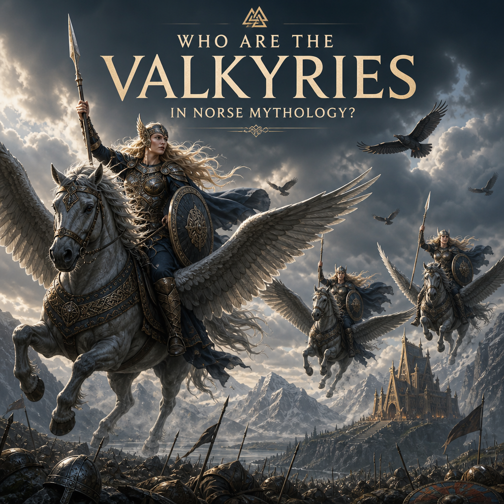 Valkyries in Norse mythology riding winged horses across a stormy battlefield