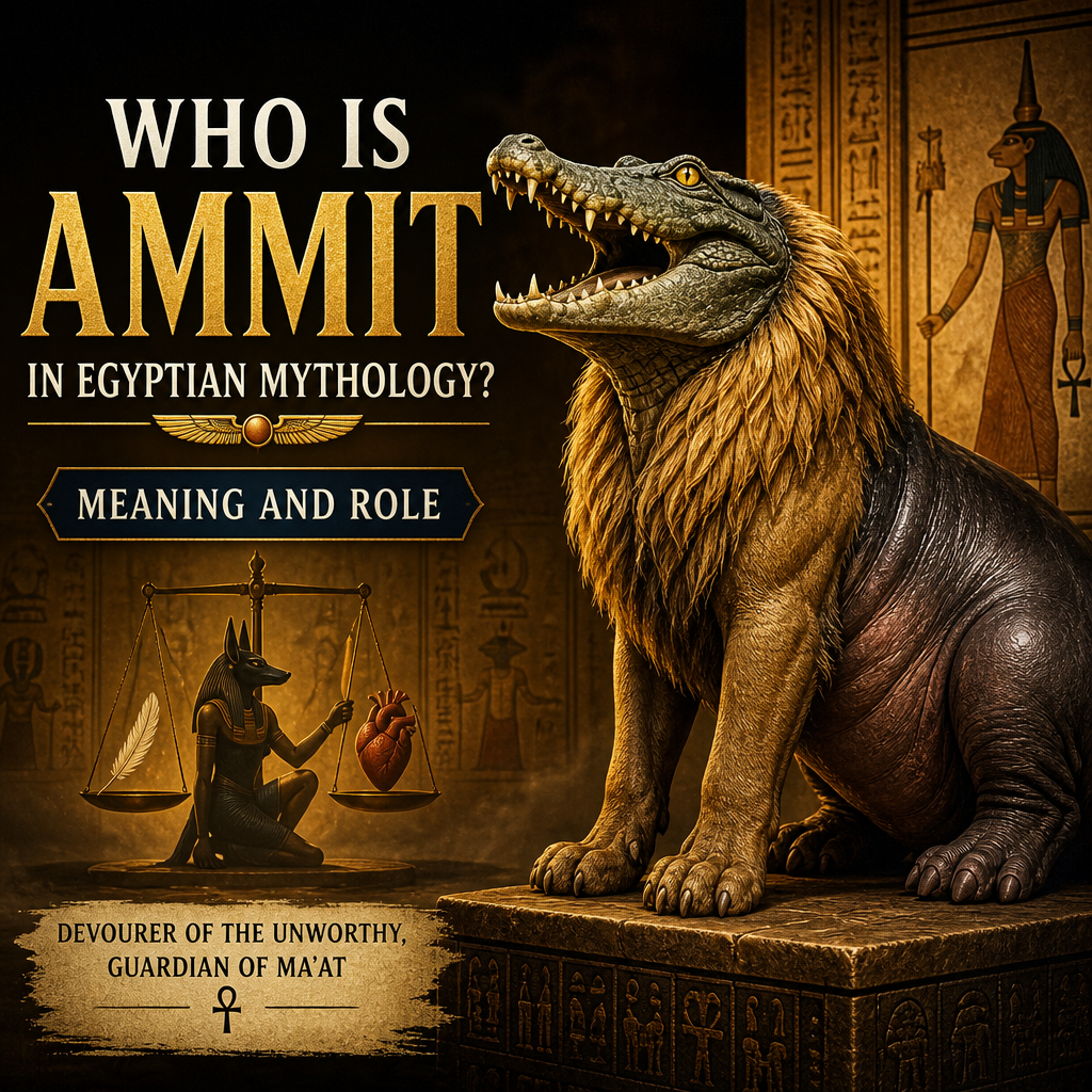 Ammit in Egyptian mythology, Devourer of Hearts, shown with ancient Egyptian symbols and text