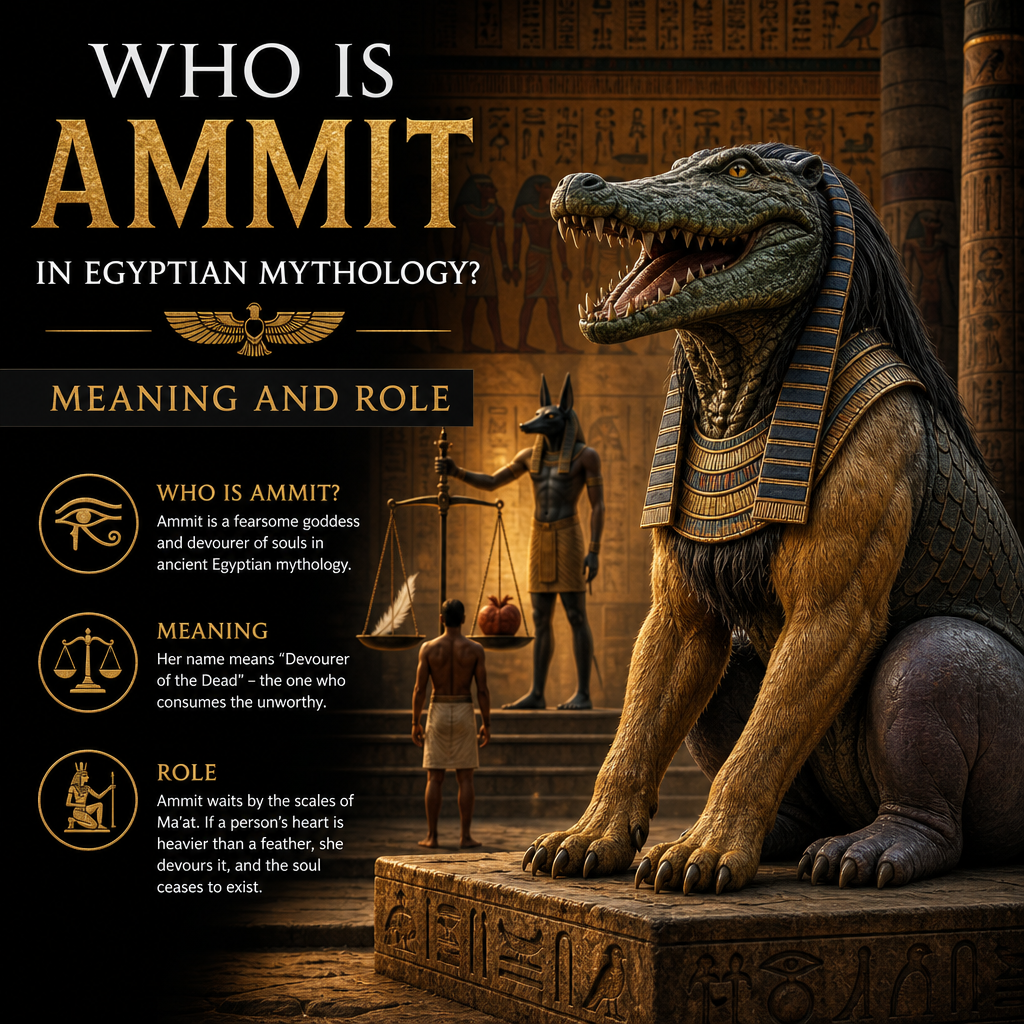 Ammit in Egyptian mythology, the Devourer of Hearts, awaiting souls at the final judgment.
