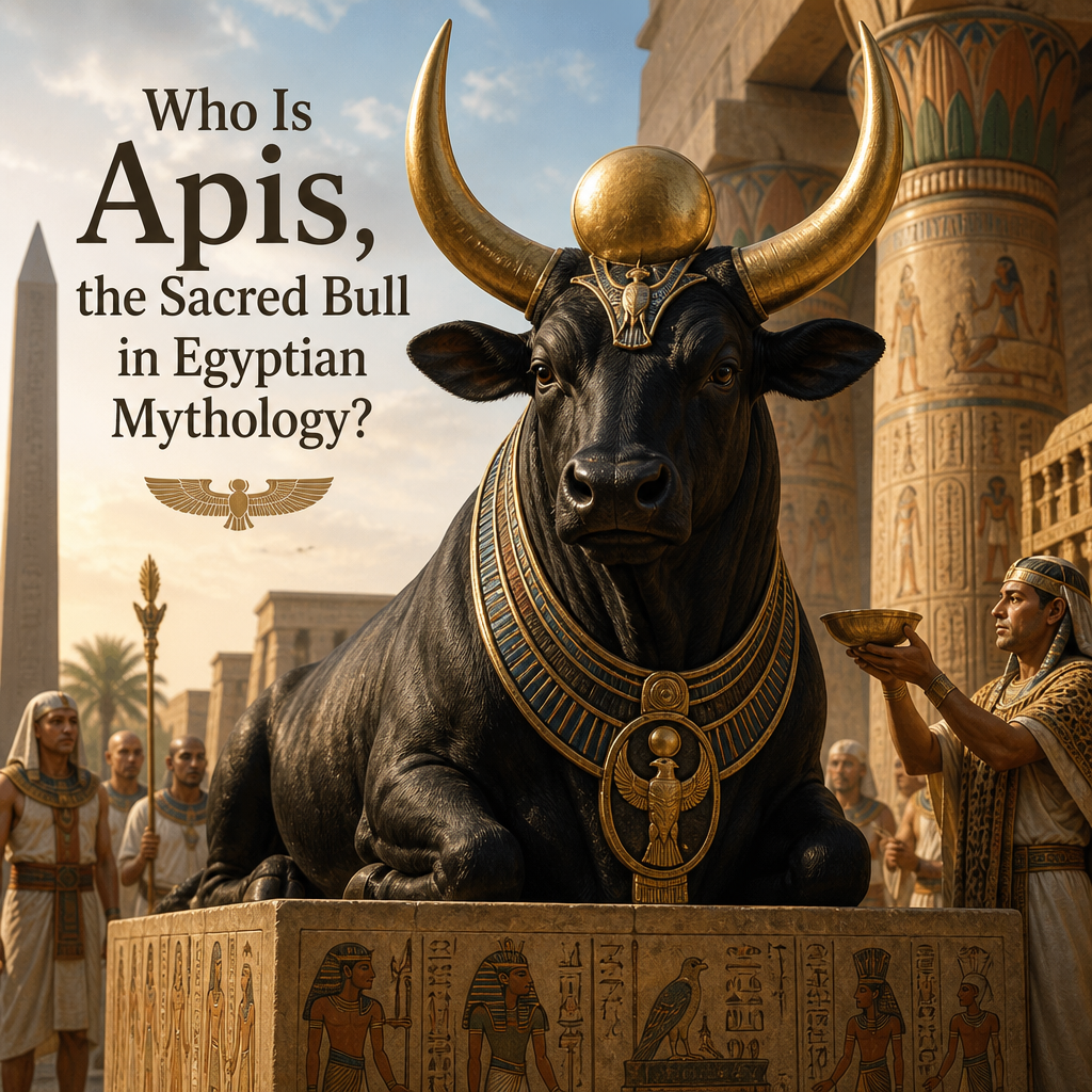 Apis bull in ancient Egypt with priests, hieroglyphs, and sacred symbols.