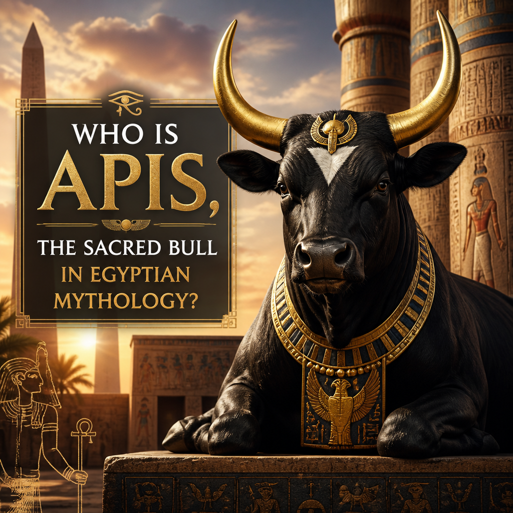 Apis bull standing before an ancient Egyptian temple, symbolizing sacred strength and divine kingship