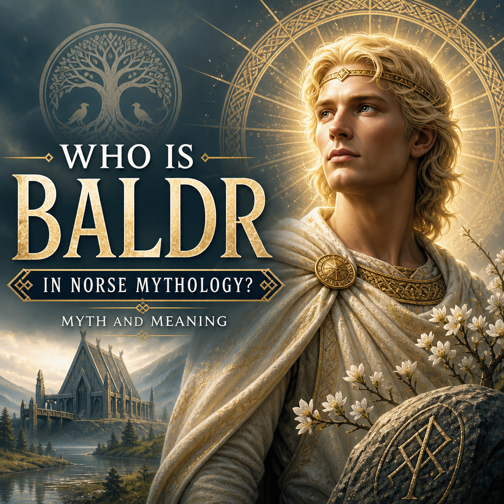 Baldr in Norse mythology, a radiant beloved god, shown in an illustrated myth and meaning scene