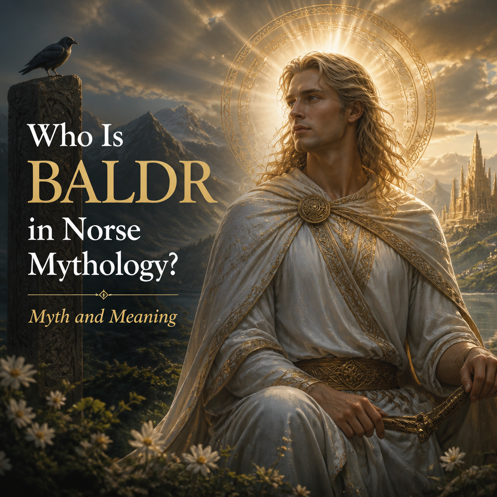 Baldr in Norse mythology with a glowing halo against a mythological background